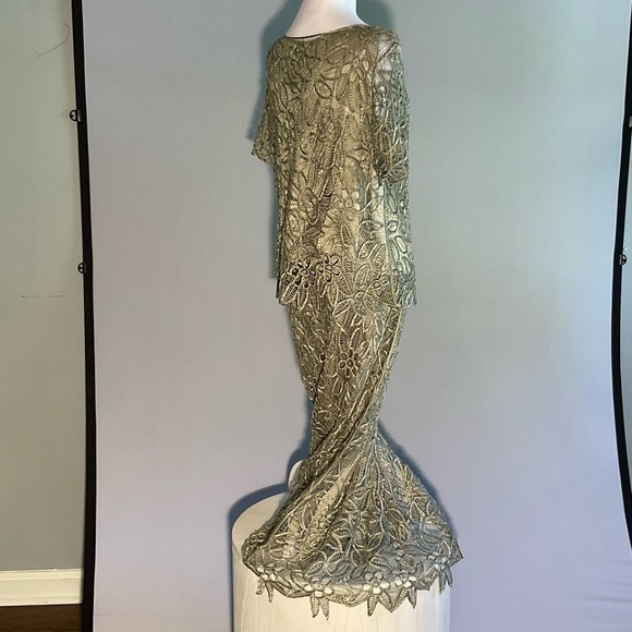 Silken Poetry Sage Green XL 2 Piece Mother of the Bride Dress Crocheted Beaded - Picture 10 of 16